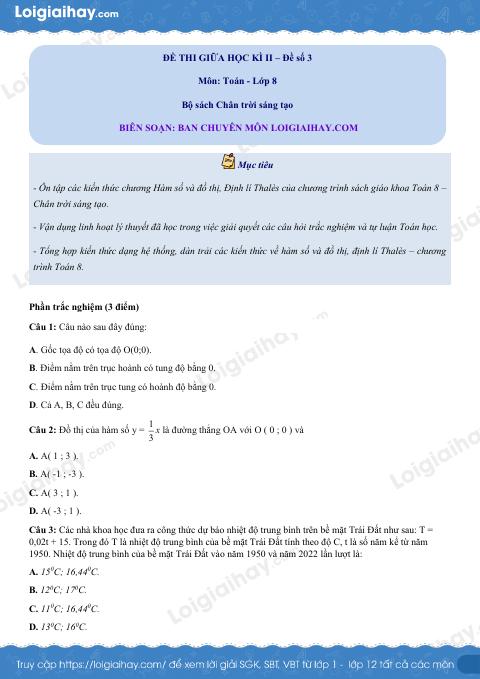 Đề thi giữa kì 2 Toán 8 - Đề số 3 - Chân trời sáng tạo